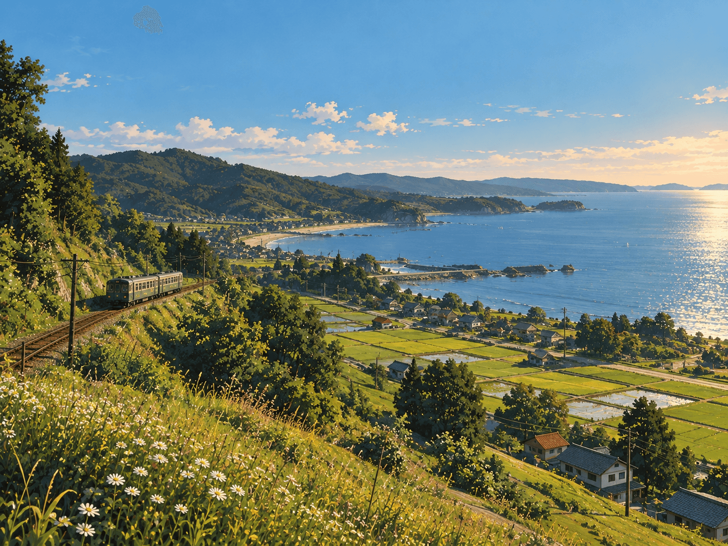 A coastal train winding through green hills above a sunlit seaside village.